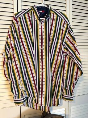 Tommy Hilfiger Men's Striped Button-Down Shirt in Green, Purple, Yellow & White